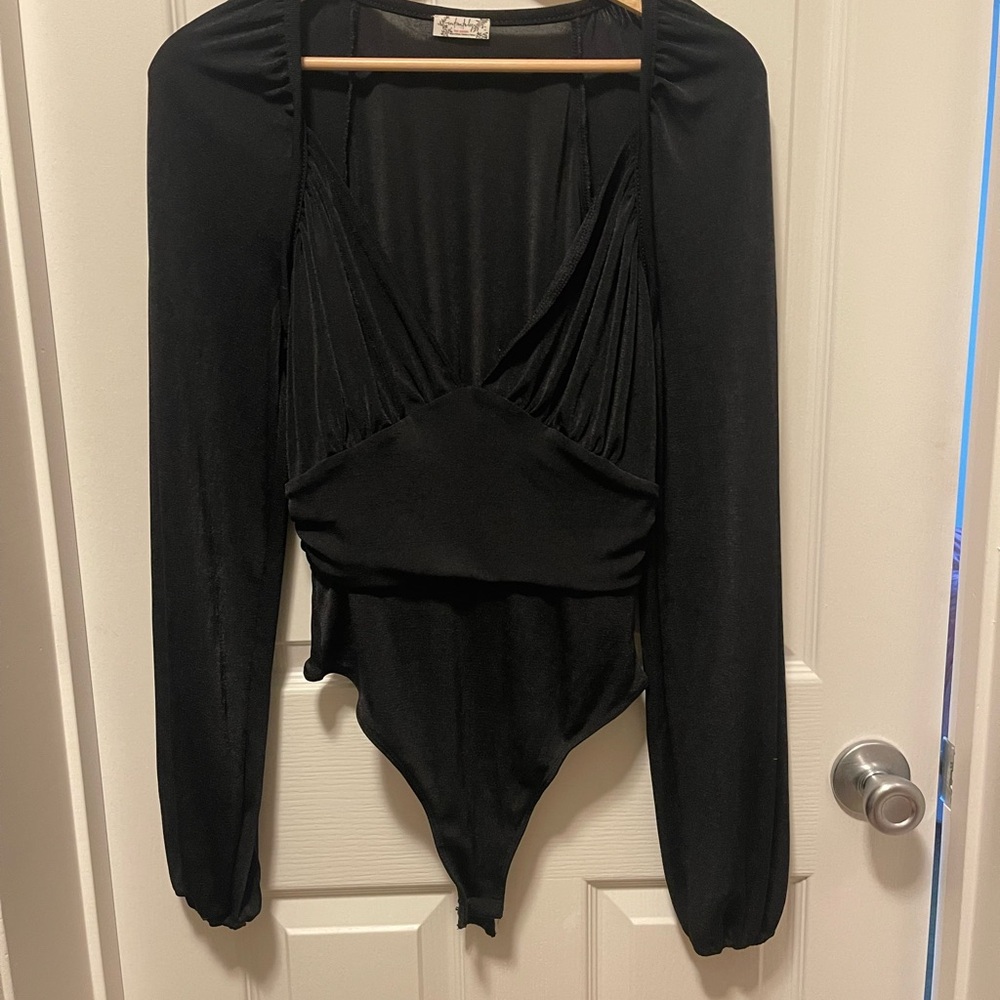 Free People Black Plunging V-Neck Bodysuit